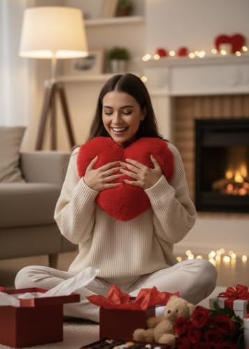 Image of Khooti Heart Shape Cushion Pillow, Romantic for Girlfriend, Boyfriend, or Couples - Soft Red Love Pillow | 14x14 Inches