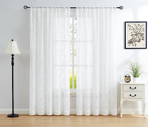 Image of Treatmentex Damask Lace Sheer Curtains White Vintage Light Filtering Curtains for Bedroom, Elegant Victorian Floral Lace Sheer Curtains 54 x 63 Inch, 2 Panels