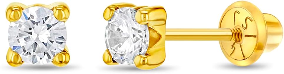 14k Yellow Gold Clear 2,3,5mm Cubic Zirconia Prong Set Screw Back Earrings for Girls - Cute Baby Stud Earrings for Infants & Toddlers - Simulated Birthstone CZ Earrings for Little Girls