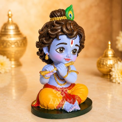 Image of Balroop Blessings Natkhat Krishna Murti for Car Dashboard | 3.5 Inch Cute Laddu Gopal Idol | Premium Hand-Painted UV Resin Murti | Home Temple, Office & Gift