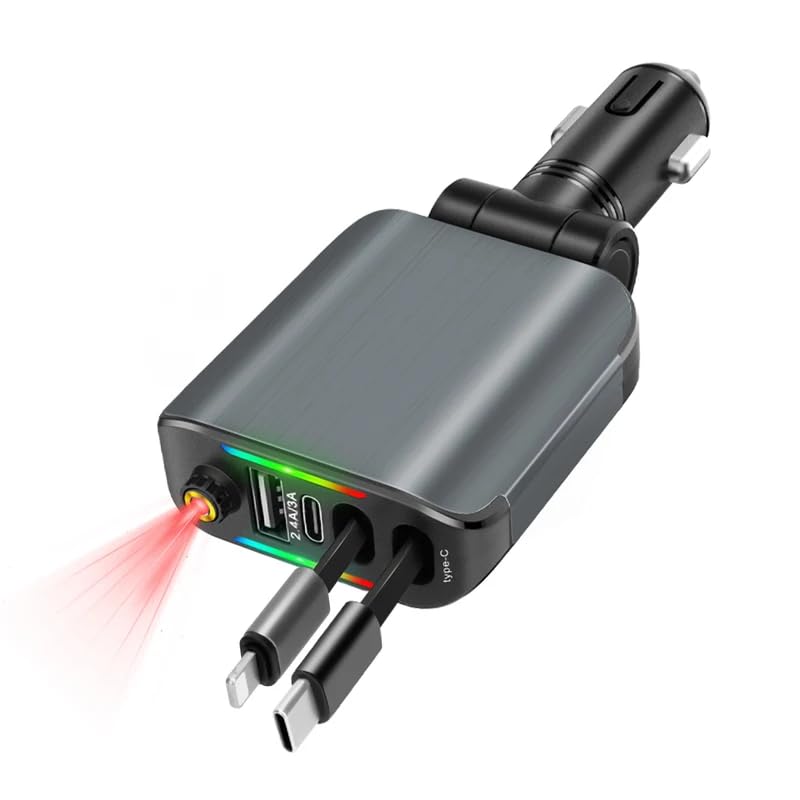 Car Charger with Starlight, 120W USB C Fast Car Chargers Adapter, 4 in 1 Retractable Car Charger with 2 USB Ports Car Phone Chargers for iPhone17 /16/15/14/13/12 and for Android（ISO Bulit in coverter）
