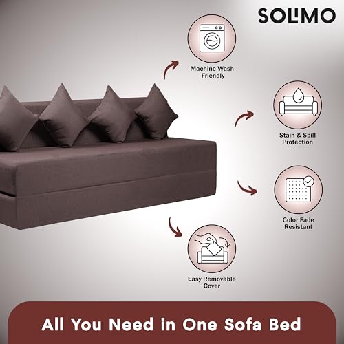 Image of Amazon Brand - Solimo 4 Seater 6 * 6 Jute Fabric Washable Cover Sofa Cum Bed with 4 Cushions 4 Seater Double Foam Fold Out Sofa Cum Bed (Finish Color - Brown Delivery Condition - Pre-Assembled)