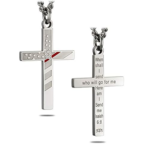 Shields of Strength Men's Stainless Steel Firefighter Flag Cross with Thin Red Line Necklace Inscribed with Isaiah 6:8 Bible Verse - Christian Jewelry Cover