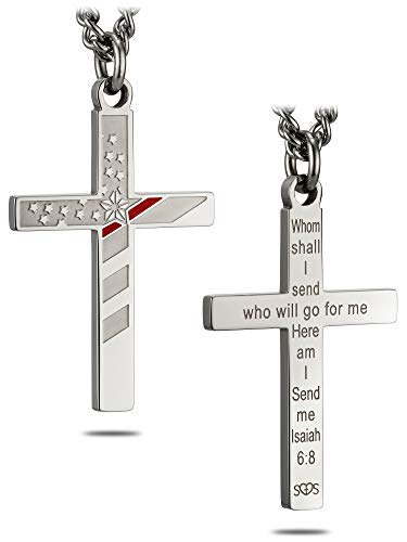 Men's Stainless Steel Flag Cross With Thin Red Line Necklace - Isaiah 6:8 #TOP11