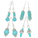 Ciieeo Pendientes Colgantes Bohemios Étnicos para Mujer, 4 Pares de Pendientes de Gancho Turquesa y Acabado en Plata Antigua, Joyería Vintage Ligera para Adolescentes y Uso Diario