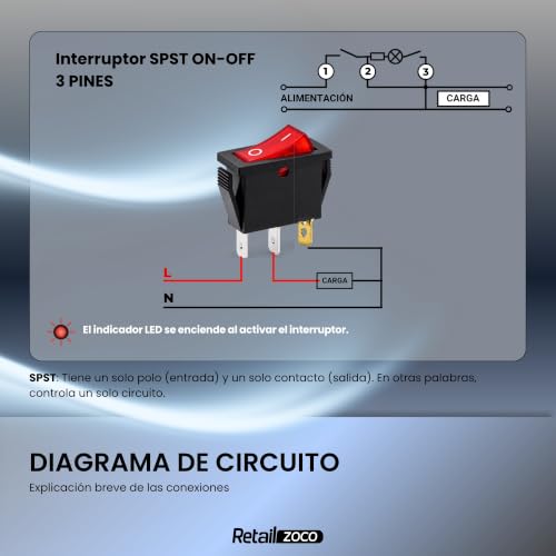 Miniatura 7 de Autozoco Interruptor Basculante On-Off Spst 3 Vias Con Led, 20 A, Interruptor Auxiliar Luz, Controlador Eléctrico Botonera, Boton Interruptor Con Luz Led Verde