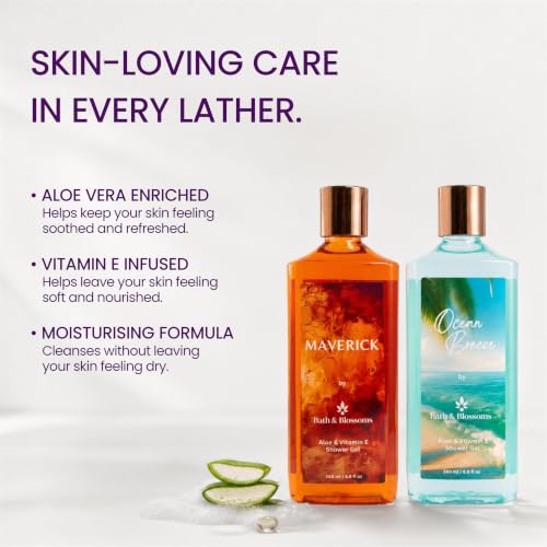 Image of Bath & Blossoms Maverick & Ocean Breeze | Duo Shower Gel Collection | Crisp Aquatic meets Bold Citrus & Spice | 2 x 260 ml | Aloe Vera & Vitamin E | Vegan & Paraben Free | Premium Body Care | Luxury Gifting