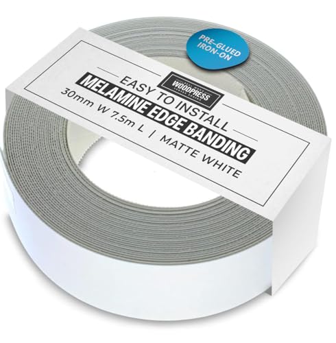 WoodPress® 30mm Matt White Melamine Edging, Pre-Glued Veneer Tape – 7.5m Roll - Iron-On for Easy DIY Application – Will Cover the Edge of a Standard MDF Panel