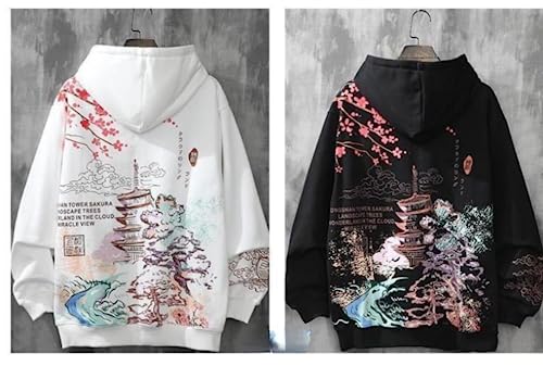 Men Women Y2K Japanese Sakura Fleece Hoodie Temple Harajuku Graphic Sweatshirt Unisex Clothes Long Sleeve Streetwear (White,L,Large)2
