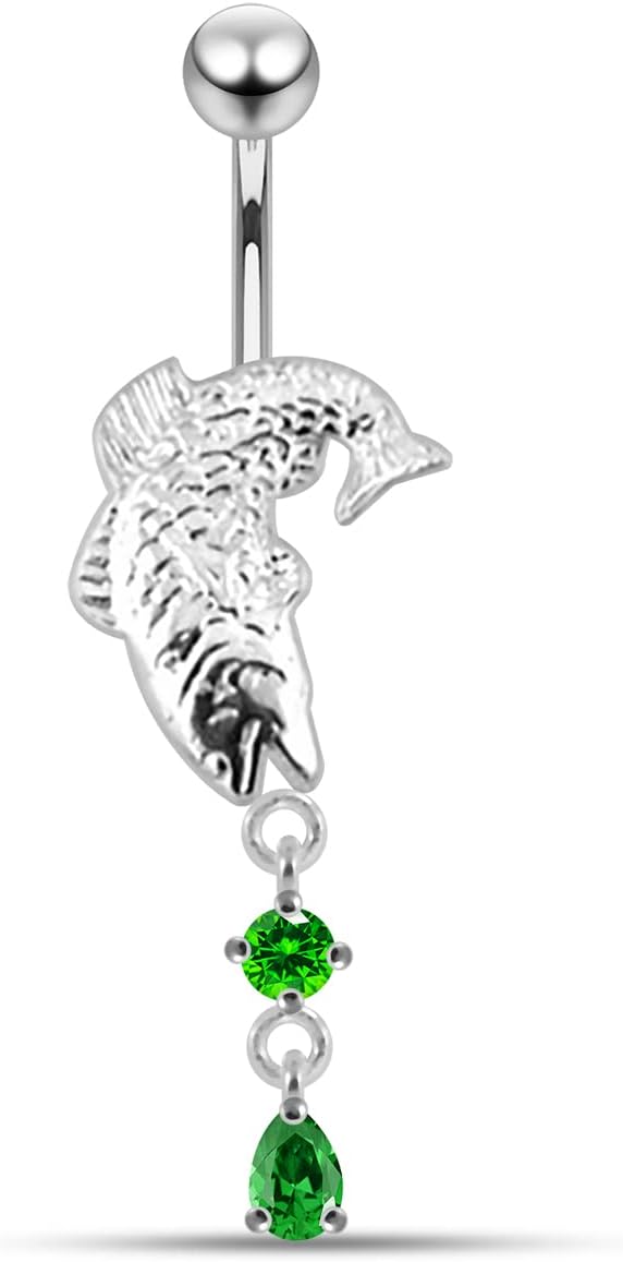 Silver Belly Rings CZ Crystal Stone Fish with Round and Teardrop Dangling 925 Sterling Body Jewelry