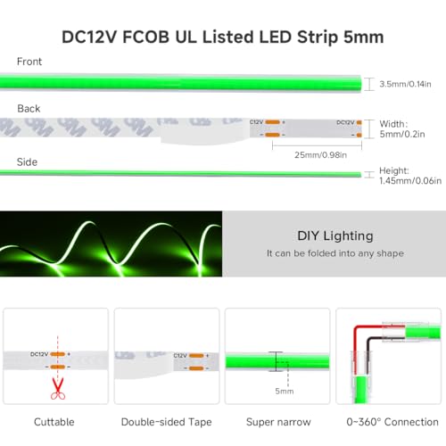 Image of BTF-LIGHTING FCOB COB LED Strip Green Color 5mm Width UL Listed Super Narrow Flexible Uniform Light DC12V 16.4FT CRI 90+ Dimmable LED Ribbon for Bedroom Home Indoor Decor(No Adapter or Controller)