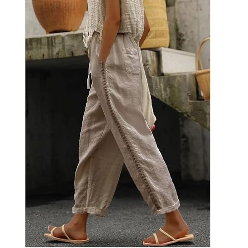 Womens Lightweight Summer Pants Linen Pants Women Casual Loose Drastring High Waist Wide Leg Pants Trendy Lace Beach Pants Khaki M2