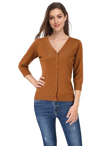 Image of Leadingstar Women's 3 /4 Sleeve Cardigan Lightweight Sweater Cardigan V-Neck Solid Color Soft Knit Sweater Tops