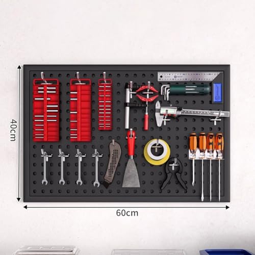 Generisch Lochwand-Organizer-Paneele. Schwarze Metall-Lochwandpaneele – Wandorganizer für Garage, Werkbank und Werkstatt, Werkzeugaufbewahrungssystem mit 10 Haken, modulares Lochwand-Set (60 x 40 cm)