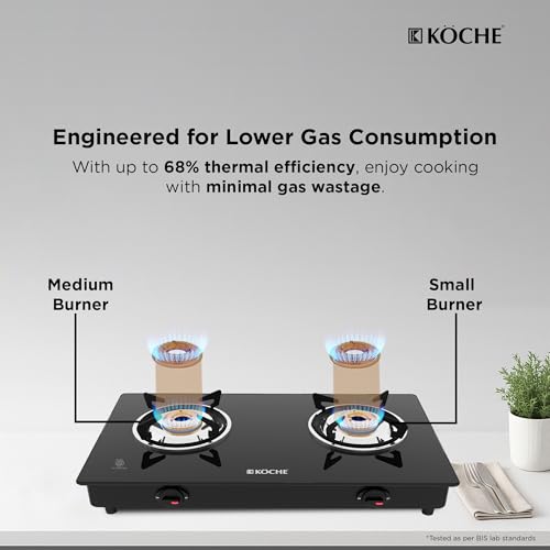 Image of KOCHE Spartek 2-Burner Gas stove | Toughened Glass, High-power Indian Brass Burners, 360 Rotate Gas Nozzle, Stainless Steel Black Powder-Coated Body, High Thermal Efficiency Cooktop | 2 Year Warranty