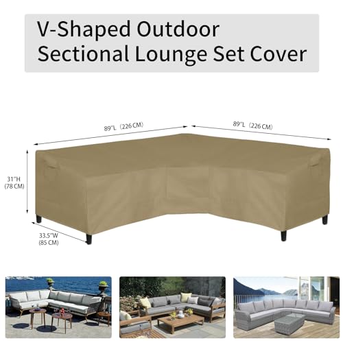 Image of Easy-Going 600D Patio V-Shaped Sectional Sofa Cover, Waterproof Outdoor Sectional Cover,Heavy Duty Garden Furniture Cover with Air Vent 89 inch L (on Each Side) x 33.5 inch D x 31 inch H, Camel