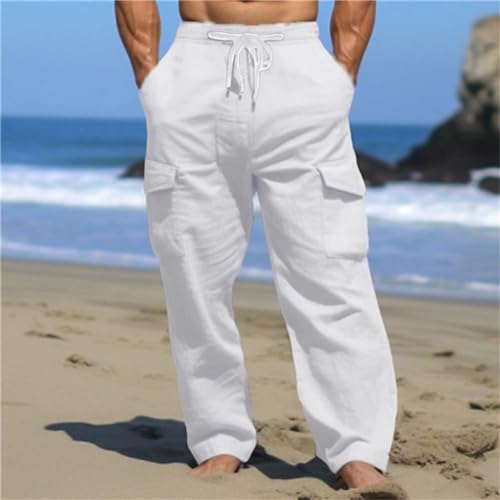 Men's Linen Cargo Pants Lightweight Elastic Waist Drawstring Loose Fit Beach Yoga Streetwear for Daily Wear2