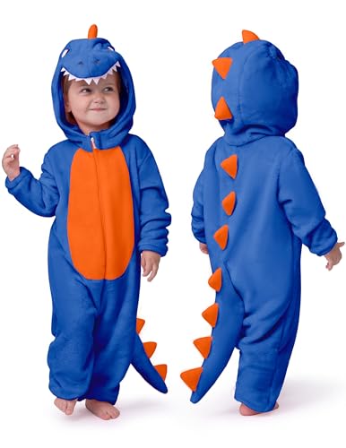 Spooktacular Creations Halloween Dinosaur Costume, Baby Dinosaur Costume Blue Toddler Hooded Jumpsuit, Dragon Zip-up Jumpsuit for Baby Boys Girls Halloween Cosplay Themed Parties