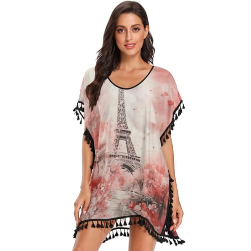Pink Floral Tower Art Women's Beach Cover Up Chiffon Tassel Swimwear Swimsuit Coverups for Girl