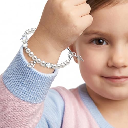 Image of Baby Crystals Toddler Bracelets for Girls I Personalized Baby Gifts I Custom Initial Letter I Sterling Silver Initial Charm I Pearl Bracelet I Kids Jewelry I Keepsake Birthday Gifts