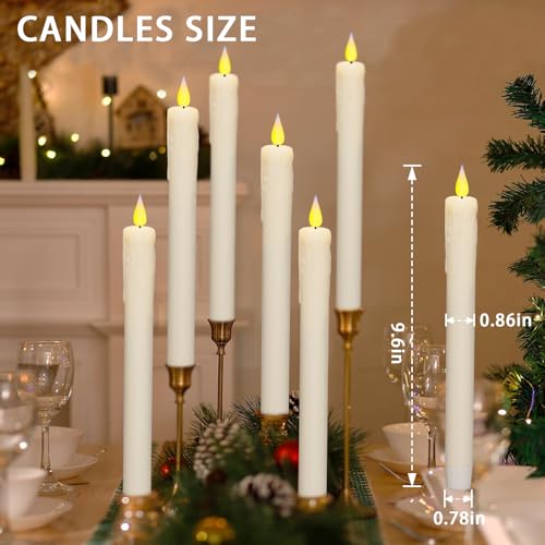 Image of KSWING Upgraded Real Wax LED Flameless Taper Candles with Remote, 6 PCS White Dripping Candlesticks Battery Operated 3D Flickering - 9.6 inch Long Realistic Fake Candle Sticks for Home /Wedding /Xmas Decor