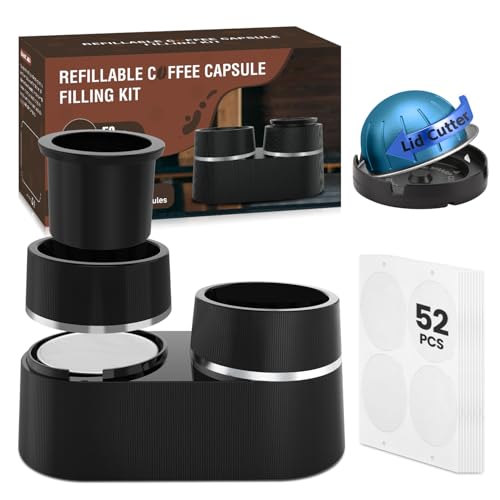 NOVONEER Wiederverwendbares Doppel-Kapsel-Set kompatibel mit Nespresso Vertuo-Kapseln nachfüllbare Kaffeekapseln Espresso-Zubehör mit 52 Stück Foliendichtungen kompatibel mit