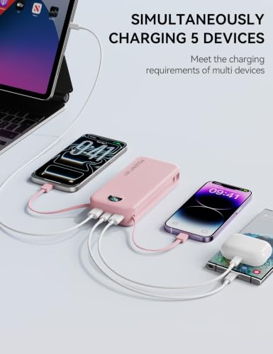 Image of Nusyddy Portable Charger 20000mAh PD20W w /Built-in Cables & Wall Plug Pink | PD20W Fast Charging, High Capacity, LED Display, Charge 5 Devices at once, TSA Approved, Compatible with iPhone /iPad /Samsung