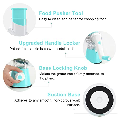 Elyum Rotary Cheese Grater Manual Cheese Grater With Handle 3 Interchangeable Stainless Steel Blades Cheese Shredder Strong Suction Base Cheese Graters For Kitchen Vegetables, Cheese And Nuts (Blue) #TOP6