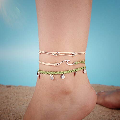 Image of Waterproof String Anklets Cute Beaded Ankle Bracelets Beach Wave Anklet Stainless Steel Coin Boho Ankle Jewelry for Women