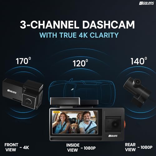Image of Golens T2Pro 3 Channel 4K Dash Cam for Car with WiFi & GPS | 8MP Front + 1080P Inside & Rear | Sony STARVIS Night Vision | 170 Wide Angle | Parking Monitor, G-Sensor, Loop Recording | Supports 256GB