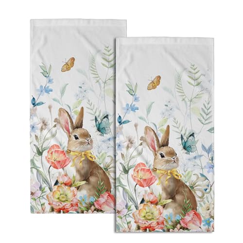 Mweet Spring Rabbit Hand Towels Set of 2 Easter Bunny Holiday Kitchen Dish Towels Watercolor Floral Hotel Spa Gym Bathroom Towels Set Gift Seasonal Easter Bathroom Decor