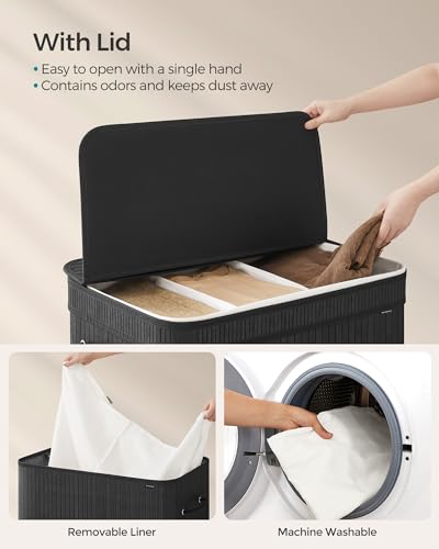SONGMICS Laundry Hamper with Lid, Bamboo Laundry Basket, Removable Machine Washable Laundry Basket, with Handles, 39.6-Gallons, for Laundry Room, Bedroom, Bathroom, Ink Black ULCB062B01