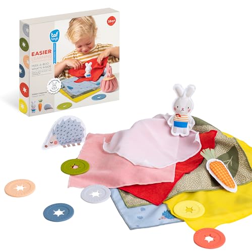 Image of Taf Toys Peek-a-Boo What's Inside? Sensory Toy for Babies 18 Months & up, Montessori Tissue Toy for Color Matching & Fine Motor Skills Development, Baby Toy with Hidden Activity Toys