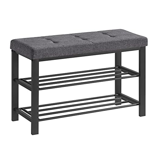 SONGMICS Shoe Bench, 3-Tier Shoe Rack for Entryway, Storage Organizer with Foam Padded Seat, Linen, Metal Frame, for Living Room, Hallway, 31.9 x 12.2 x 19.3 Inches, Dark Gray ULBS57GYZ