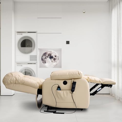 COCOLHOME Infinite Position Power Lift Chair Lay Flat Recliner Dual Motor Sleeper Chair with Massage and Heating for Elderly, USB Ports and Remote Control, Leather(Beige)