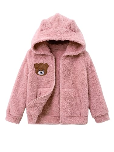 WDIRARA Toddler Girl's Cute Bear Hooded Jacket Sherpa Fuzzy Winter Warm Coat Zip Up Outerwear