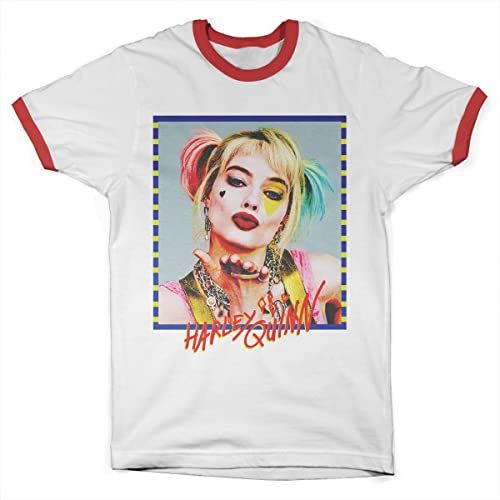 Image of Officially Licensed Harley Quinn Kiss Ringer Mens T-Shirt (White-Red), S