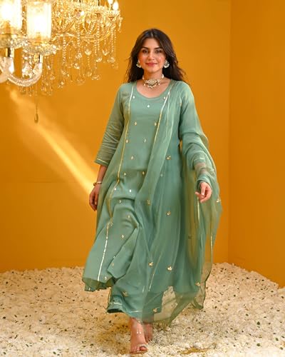 Image of GoSriKi Women's Rayon Viscose Embellished Anarkali Kurta with Pant & Dupatta