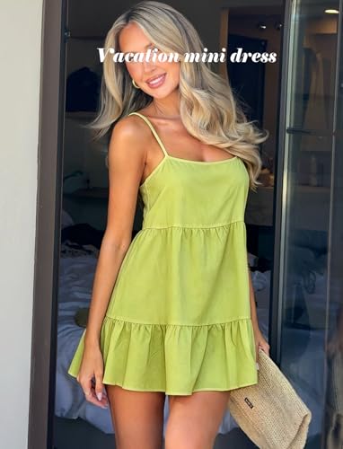 Image of OZICERD Flowy Short Sundress Mini Babydoll Dresses for Women Going Out Tiered Ruffle Beach Spaghetti Strap Swing Dress Cute