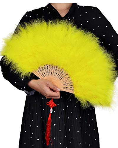 Happy Feather Handheld Marabou Feather Fan, 1920s Vintage Style Flapper Hand Fan for Costume Party and Dancing-Yellow