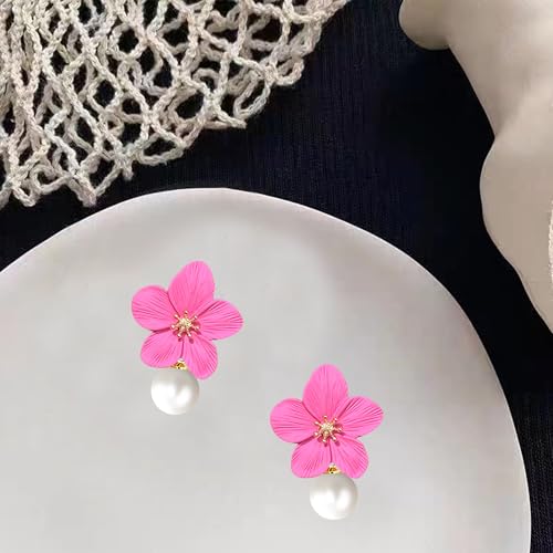 Aishgjia Handmade Bohemian Matte Flower Dangle Drop Earrings White Metal floral Pearl Stud Earrings For Women Statement Wedding Holiday Jewelry (Hot Pink) by Aishgjia - Used condition - Image 6