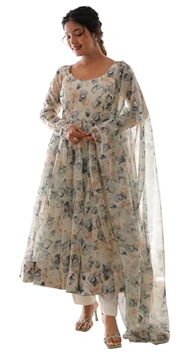 Image of Shasmi Women's Georgette Anarkali Floral Printed Kurta With Pant & Dupatta (Ankle Length Dress 114)
