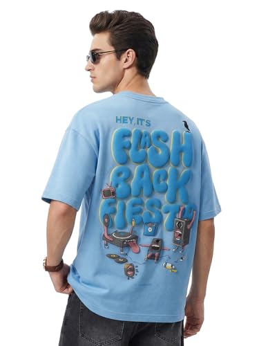 Image of Veirdo Men's Oversized Heavy 240 GSM Cotton T-Shirt | Round Neck | Graphic Puff Print | Relaxed Fit | Drop Shoulder | Casual Summer Wear
