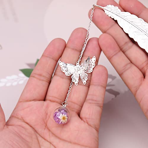 Zizzon Metal Feather Bookmark With 3D Butterfly Pendant Christmas Thanksgiving Unique Gift For Book Lover Teacher Women And Girls 2 Pack (Silver, Purple+Green) #TOP5