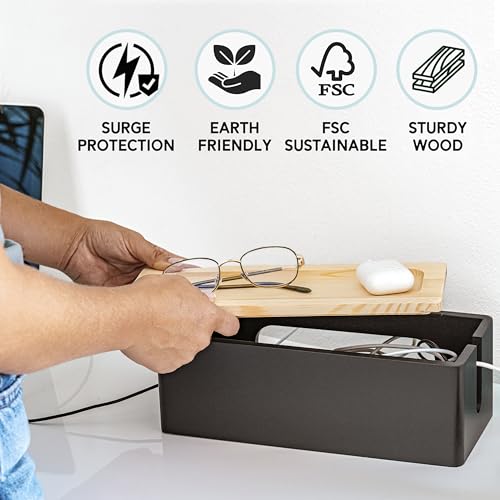 [Pack of 2] Wooden Cable Storage Box, Large Storage Stand for Desk, TV, Computer, USB Hub - Thumbnail 2
