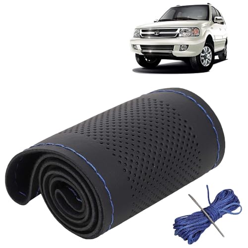 Image of KINGSWAY PU Leatherite Car Steering Cover Sewable Compatible with Tata Safari Dicor (Year 1998-2012), Black Color with Blue Thread, Pack of 1 with Sewing Needle and Thread