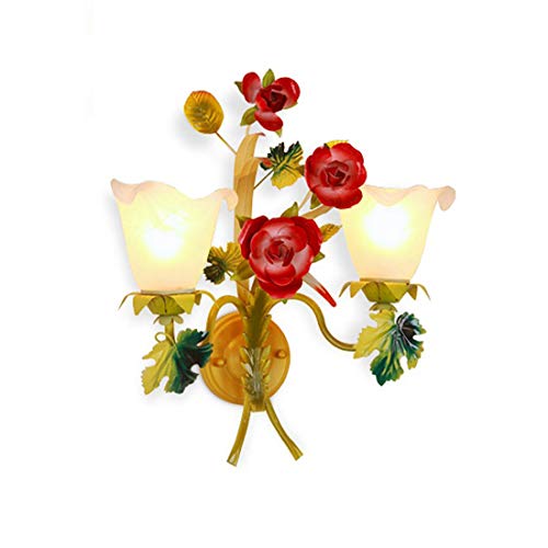 Image of GDLight Pastoral Red Rose Wall Lamps Wall Mount Floral Glass Shade Bedside Lights Iron Wall Sconce Lights for Bedroom Living Room Hallway Balcony,2Lights