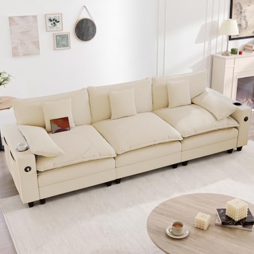 Image of KCGKCG 116 inch 3-Seater Cloud Sofa, Modular Sectional Couch, Chenille Deep Seat Cloud Couch with Charging Station, Cup Holder, Side Pocket, Double Layer Seat Cushion Couches for Living Room, Beige
