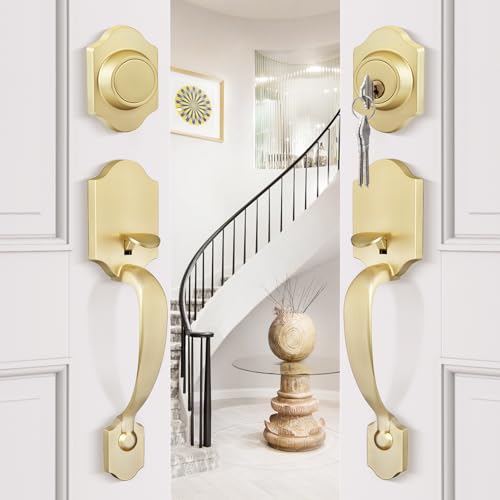Goldenwarm Double Front Door Lock Set, Gold Double Door Handlewith Dummy, Double Classic Front Door Hardware Set with Reversible Wave Handle Lever, Double Entry Door Lock Set