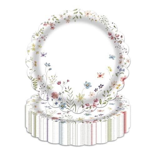 LDFDRT Wildflower Paper Plates,50-Pack 7 Inch Floral Disposable Plates, Elegant Flower Plates for Garden Party Decor, Baby Shower, Birthday & Tea Party Decorations
